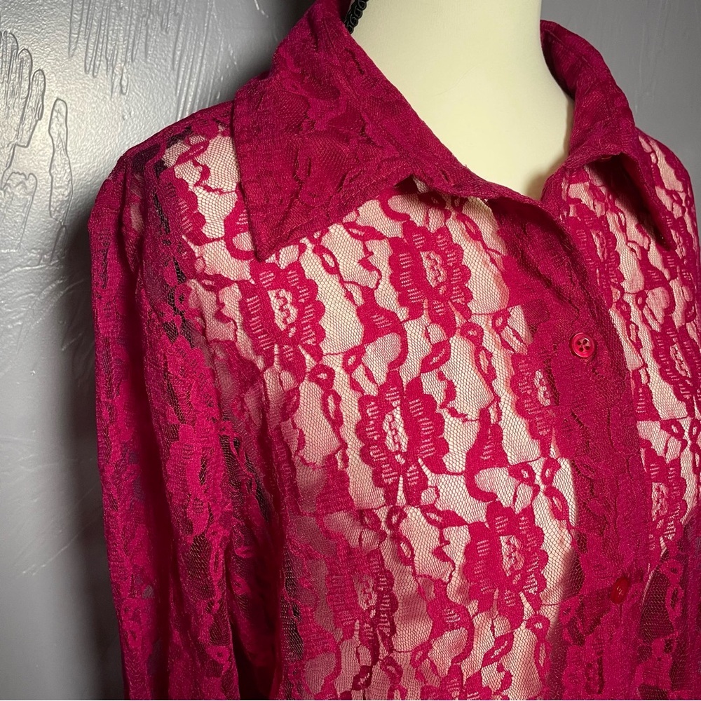 Vintage Z Studio Lace Button Up Long Blouse in A Gorgeous Cranberry Color - Picture 5 of 10